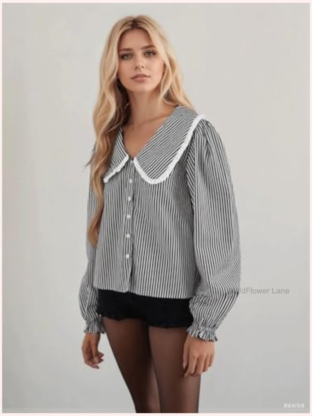 Striped V-Neck Button Down Blouse Long Puff Sleeve Babydoll Top - Picture 2 of 5